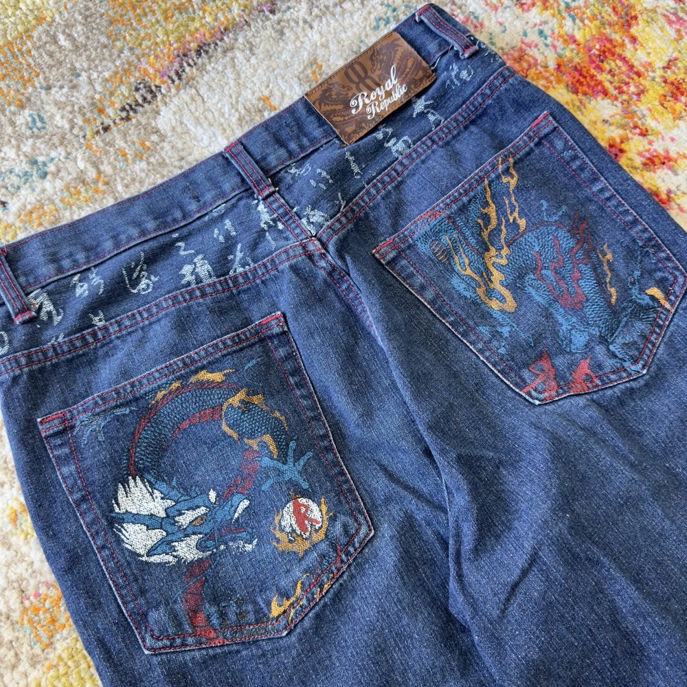 Vintage Y2K 2000s‎ Goth Grunge Royal Republic Dragon Baggy Denim Jorts Size 36